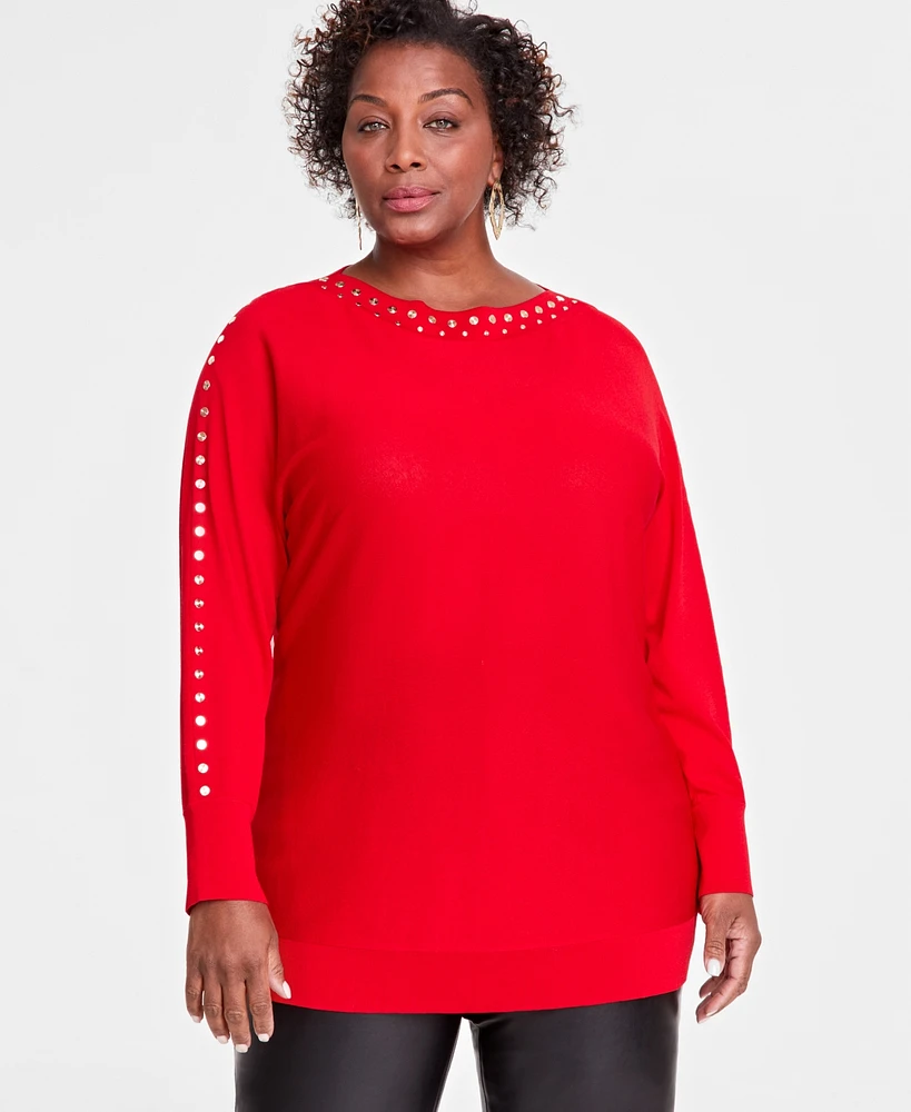 I.n.c. International Concepts Plus Size Stud-Trim Tunic Sweater, Created for Macy's