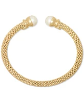 2-Pc. Set Cultured Freshwater Pearl (8 - 8-1/2mm) Mesh Cuff Bangle Bracelets in Sterling Silver & 14k Gold