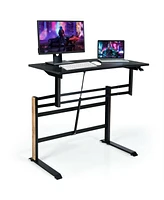 Sugift Pneumatic Height Adjustable Gaming Desk T Shaped Game Station with Power Strip Tray