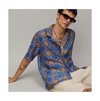 Campus Sutra Men's Royal Blue & Mocha Brown Geometric Block Oversized Shirt