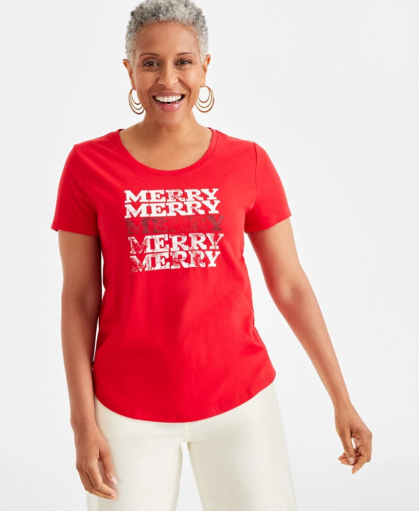 Style & Co Petite Merry Stamp Whimsy Graphic T-Shirt, Created for Macy's