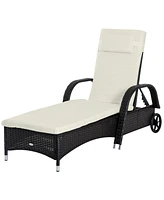 Adjustable Rattan Chaise Lounge with Cushion and Wheels
