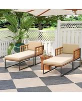 Skonyon Patio Acacia Wood Armchair with Long Ottoman and Seat Back Cushions