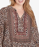 Ruby Rd. Plus Split Neck Embellished Animal Placement Print Tie Front Top