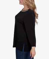 Ruby Rd. Plus Micro Chain Embellished Solid Crepe Knit Top with Side Slits