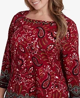 Ruby Rd. Plus Size Embellished Envelope Neck Paisley Border Printed Knit Top