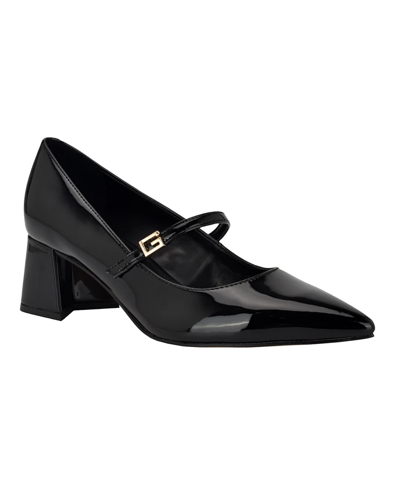 Guess Women's Zands Pointed Toe Mid-Block Heel Patent Mary Janes Pumps