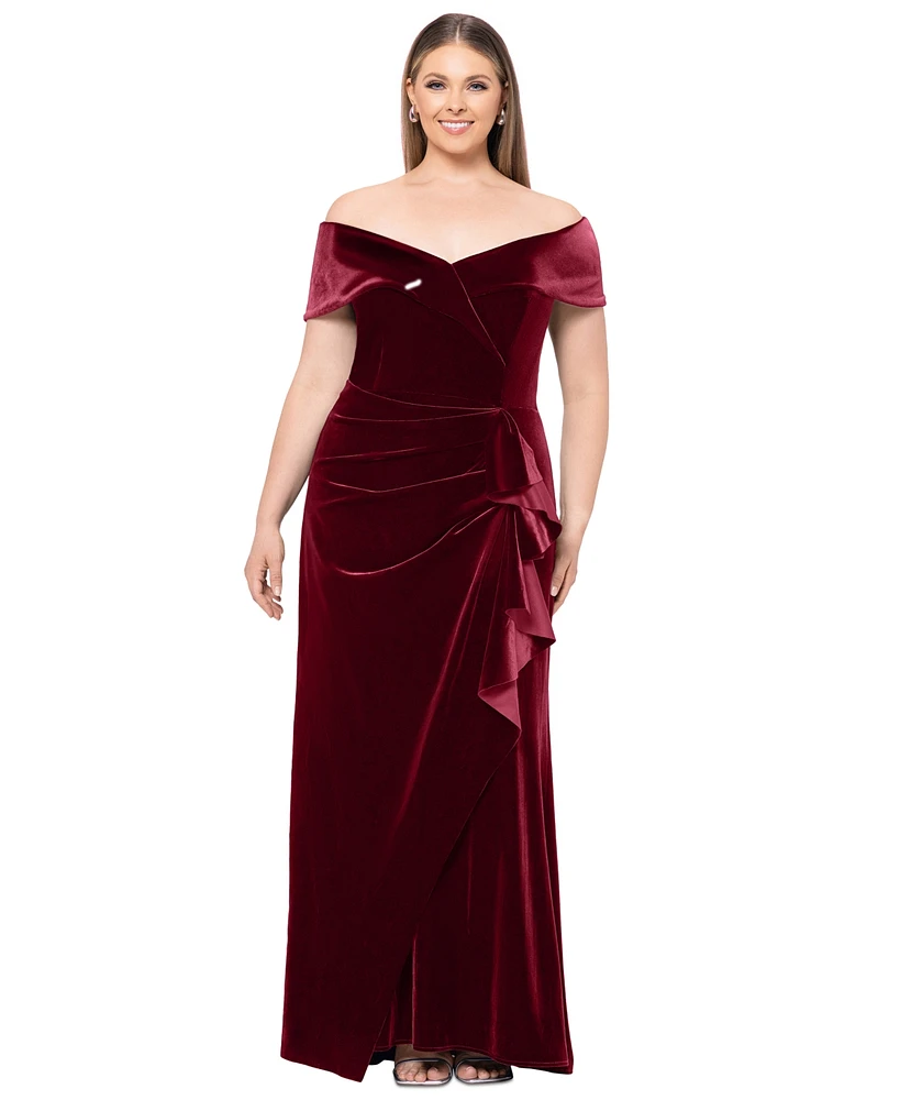 Xscape Plus Velvet Off-The-Shoulder Ruffle Gown