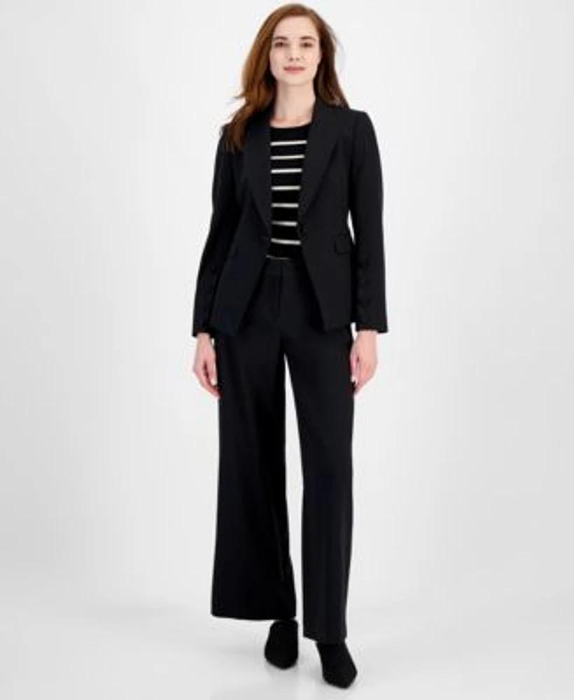 Tahari Asl Womens Single Button Peak Lapel Blazer Striped Short Sleeve Knit Top Wide Leg Mid Rise Pants