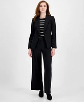 Tahari Asl Womens Single Button Peak Lapel Blazer Striped Short Sleeve Knit Top Wide Leg Mid Rise Pants