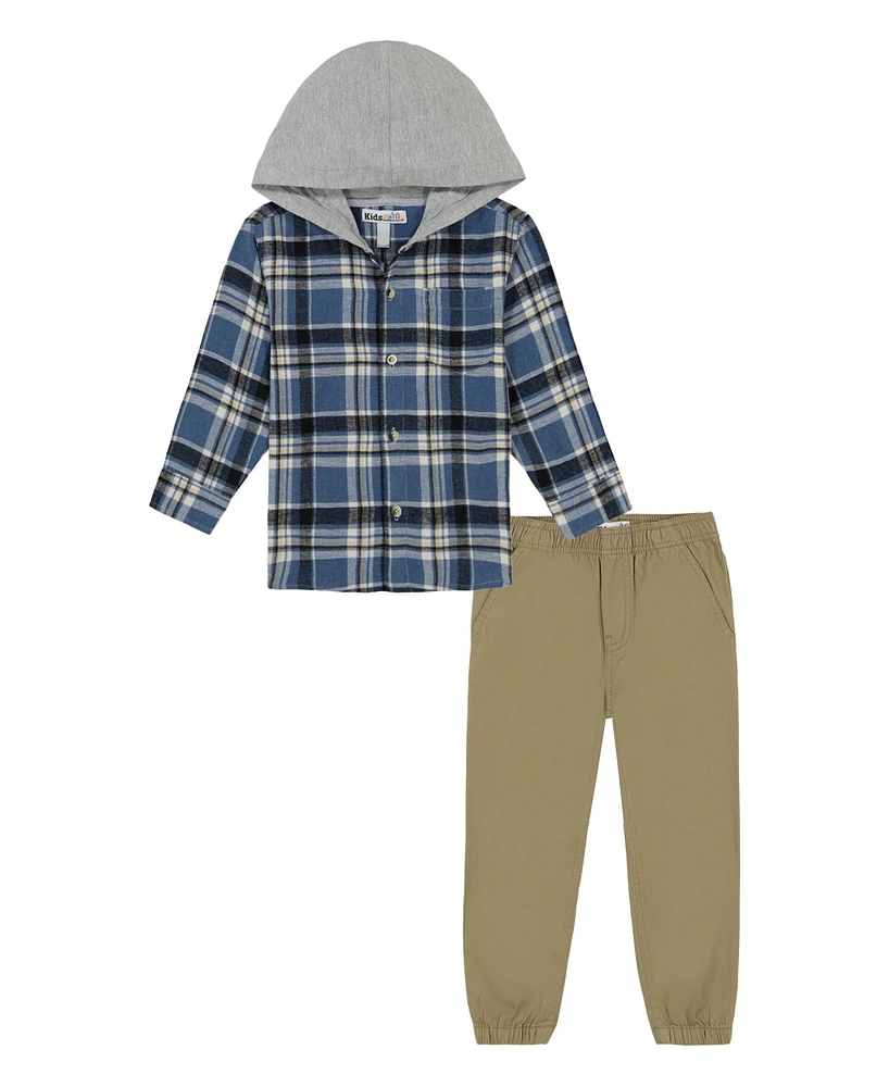 Kids Headquarters Little Boys, Plaid Woven Shirt with Knit Hood Twill Joggers