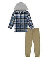 Kids Headquarters Little Boys, Plaid Woven Shirt with Knit Hood Twill Joggers