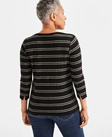 Style & Co Women's Striped Metallic 3/4 Sleeve Top, Created for Macy's