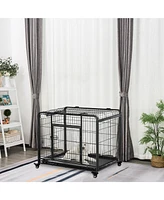 Streamdale Furniture Folding Metal Dog Crate with Tray, Cover, and Locking Wheels