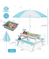 Costway 3-in-1 Kids Picnic Table Wooden Outdoor Sand & Water withUmbrella Play Boxes