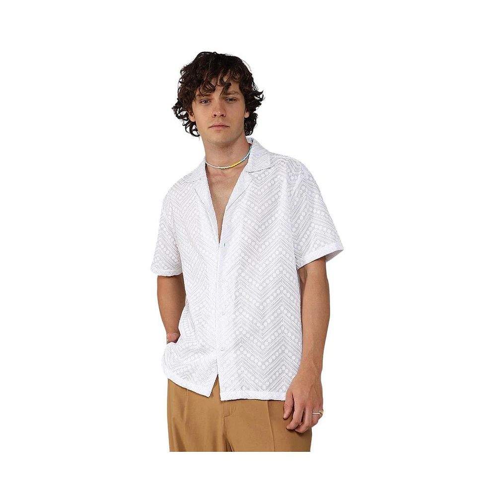 Campus Sutra Men's Chalk White Embroidered Zig-Zag Shirt