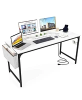 Costway 60" Modern Computer Desk with Charging Station with Storage Bag & Headphone Hook