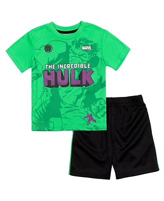 Marvel Boys Avengers Captain America Hulk Thor Iron Man T-Shirt and Mesh Shorts Outfit Set to