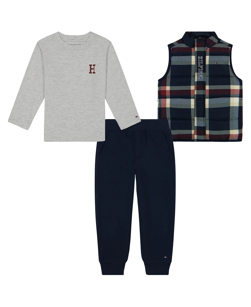 Tommy Hilfiger Toddler Boy Plaid Print Puffer Vest, Long Sleeve Jersey Tee and Joggers, 3-Piece Set