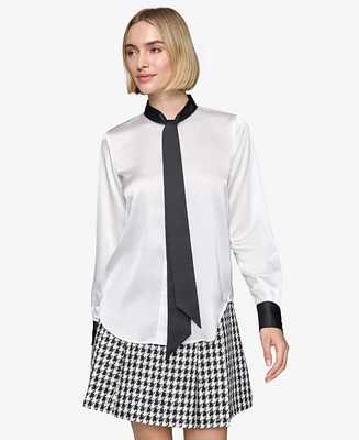 Karl Lagerfeld Paris Women's Tie-Neck Long-Sleeve Satin Blouse