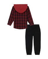 Kids Headquarters Toddler Boys, Plaid Woven Shirt with Knit Hood Corduroy Joggers