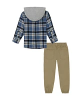 Kids Headquarters Toddler and Little Boys, Plaid Woven Shirt with Knit Hood Twill Joggers