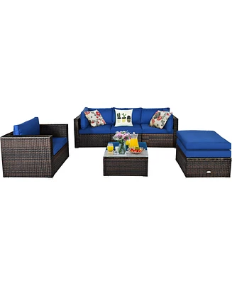 Costway 6PCS Patio Rattan Furniture Set Sectional Cushion Sofa Coffee Table Ottoman