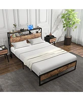 Sugift Full Bed Frame with 2-Tier Storage Headboard and Charging Station-Full Size