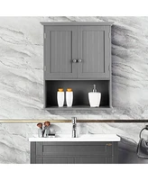Sugift Wall Mount Bathroom Cabinet Storage Organizer with Doors and Shelves-Gray