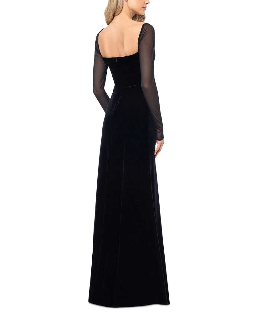 Blondie Nites Juniors' Long Sheer-Sleeve Velvet Dress