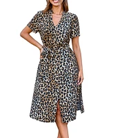 Cupshe Women's Leopard Short Sleeve Button Up Midi Beach Dress