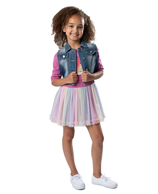 Rare Editions Little Girls One-Piece Mesh Skirt Dress with Denim Vest, 2-Pieces