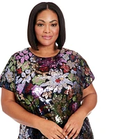 London Times Plus Floral-Sequin Round-Neck T-Shirt Dress