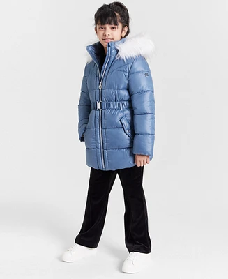 Michael Kors Big Girls Belted Stadium Puffer Jacket with Faux-Fur Trim