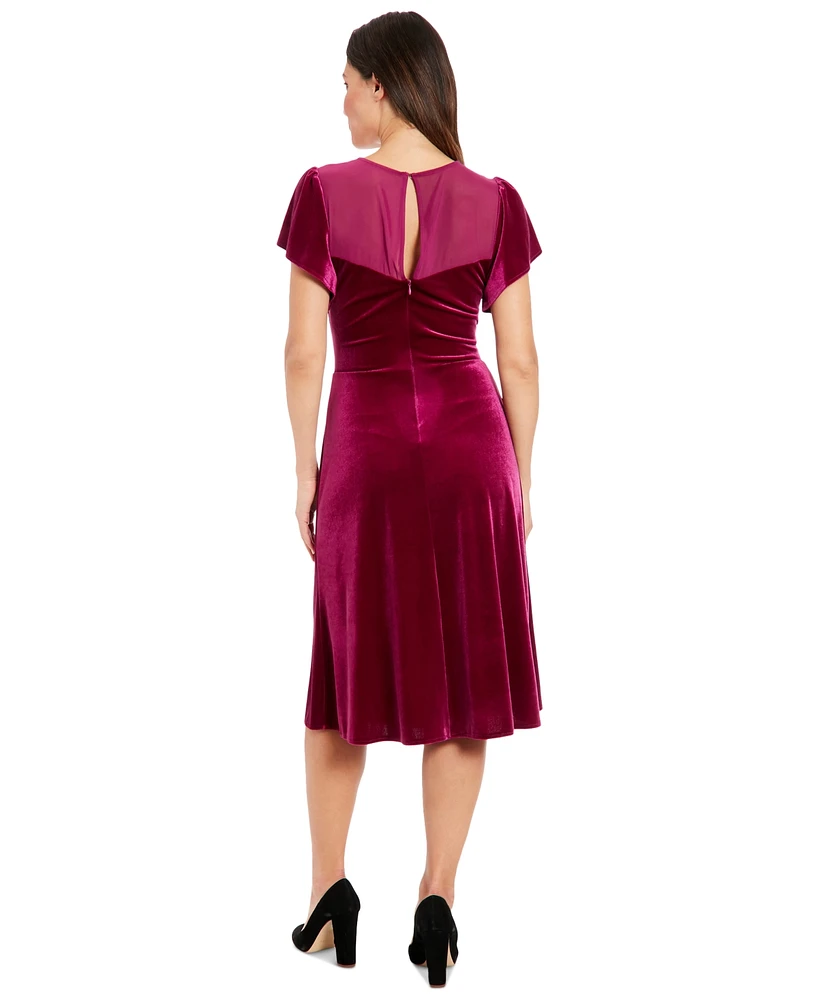 London Times Petite Velvet Flutter-Sleeve Ruched Dress