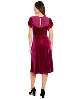 London Times Petite Velvet Flutter-Sleeve Ruched Dress