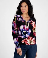 I.n.c. International Concepts Petite Floral-Print Zip-Front Blouse, Created for Macy's