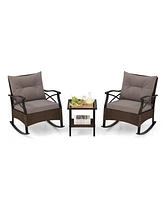 Sugift 3 Pieces Outdoor Rattan Rocking Chairs Set with 2-Tier Side Table