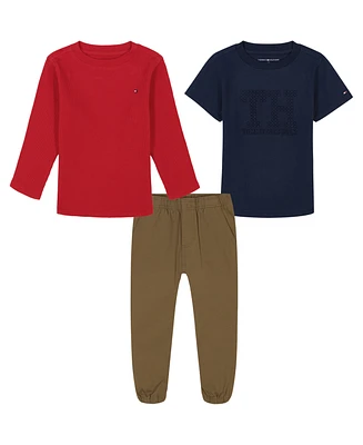 Tommy Hilfiger Baby Boy Short Sleeve Tee, Long Thermal and Twill Joggers 3-Piece Set