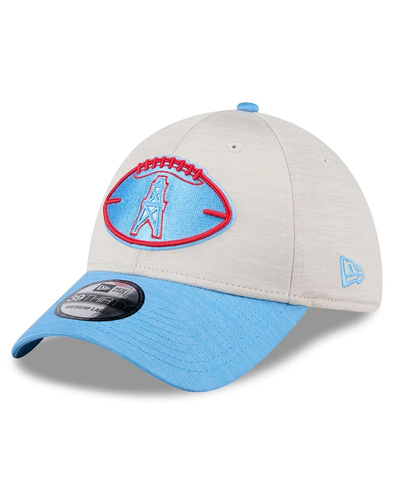 New Era Men's Stone/Light Blue Houston Oilers 2024 Sideline Gridiron Classics 39THIRTY Flex Hat