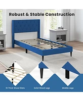 Sugift Twin Upholstered Platform Bed with Button Tufted Wingback Headboard-Blue