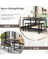 Vebreda 3 Pieces Dining Table Set with Wooden Kitchen Table and 2 Benches-Brown