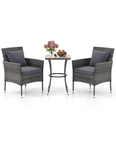 Skonyon 3 Pieces Patio Furniture Set with Cushioned Patio Chairs and Tempered Glass Coffee Table-Gray