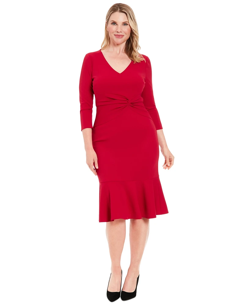 London Times Petite Side-Knit 3/4-Sleeve Midi Dress