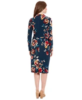 London Times Petite Floral Draped-Neck Ruched Dress