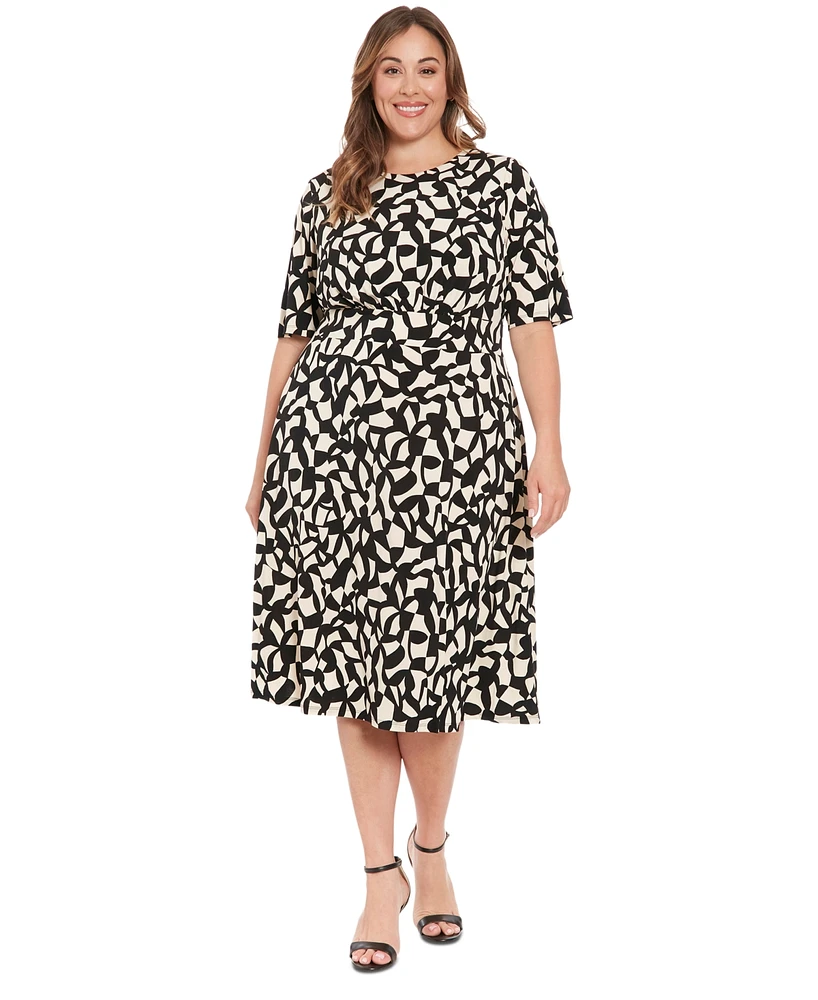 London Times Plus Printed Elbow-Sleeve Midi Dress