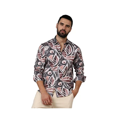 Campus Sutra Men's Charcoal Grey & Mocha Brown Marble Foliage Shirt