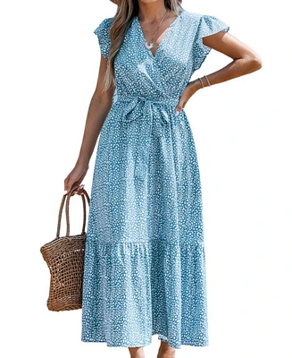 Cupshe Women's Blue Leopard Print V-Neck Flutter Sleeve Midi Beach Dress