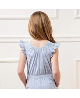 Hope & Henry Girls' Flutter Sleeve Button Front Seersucker Romper, Kids