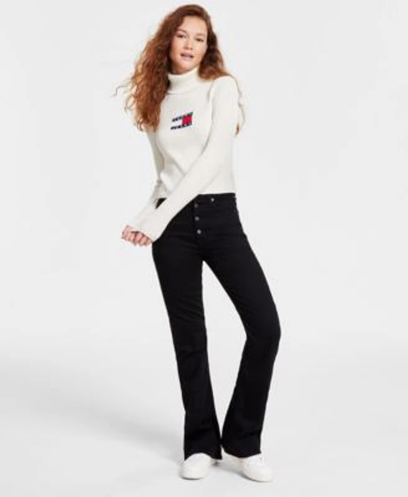 Tommy Jeans Womens Logo Flag Turtleneck Sweater Sylvia High Rise Flare Jeans